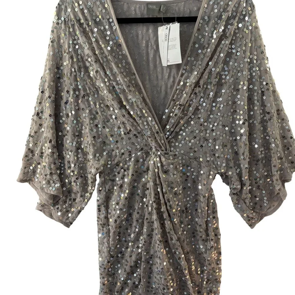ASOS Beige Sequin Wrap Mini Dress With Flared Sleeves V-Neck Size 6 Polyester Bl - Picture 5 of 8